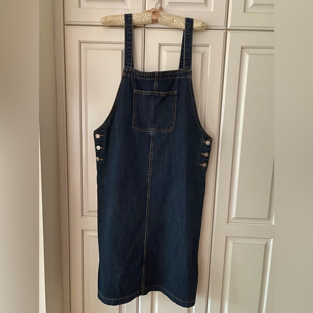 overall denim dress contrast stitching front patch pocket adjustable Straps S - Picture 4 of 10